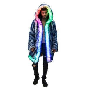 FURROCIOUS FURR Men’s Faux Fur LED Blue White  Coat for Festivals, Burning Man